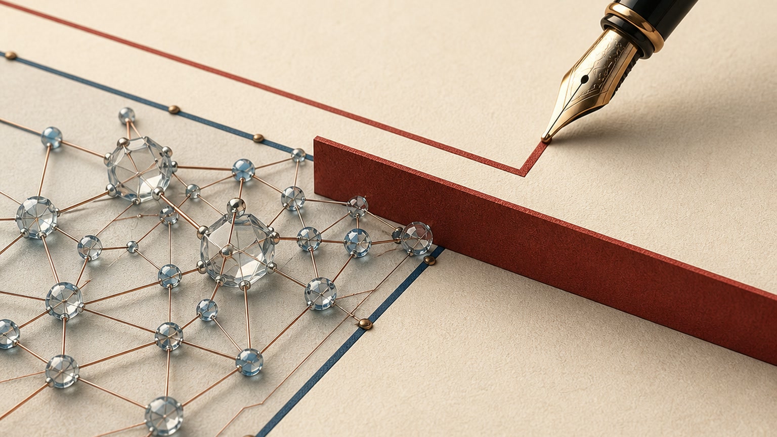 A glass network advances between guide lines until a fountain pen turns one line into a barrier across its path.