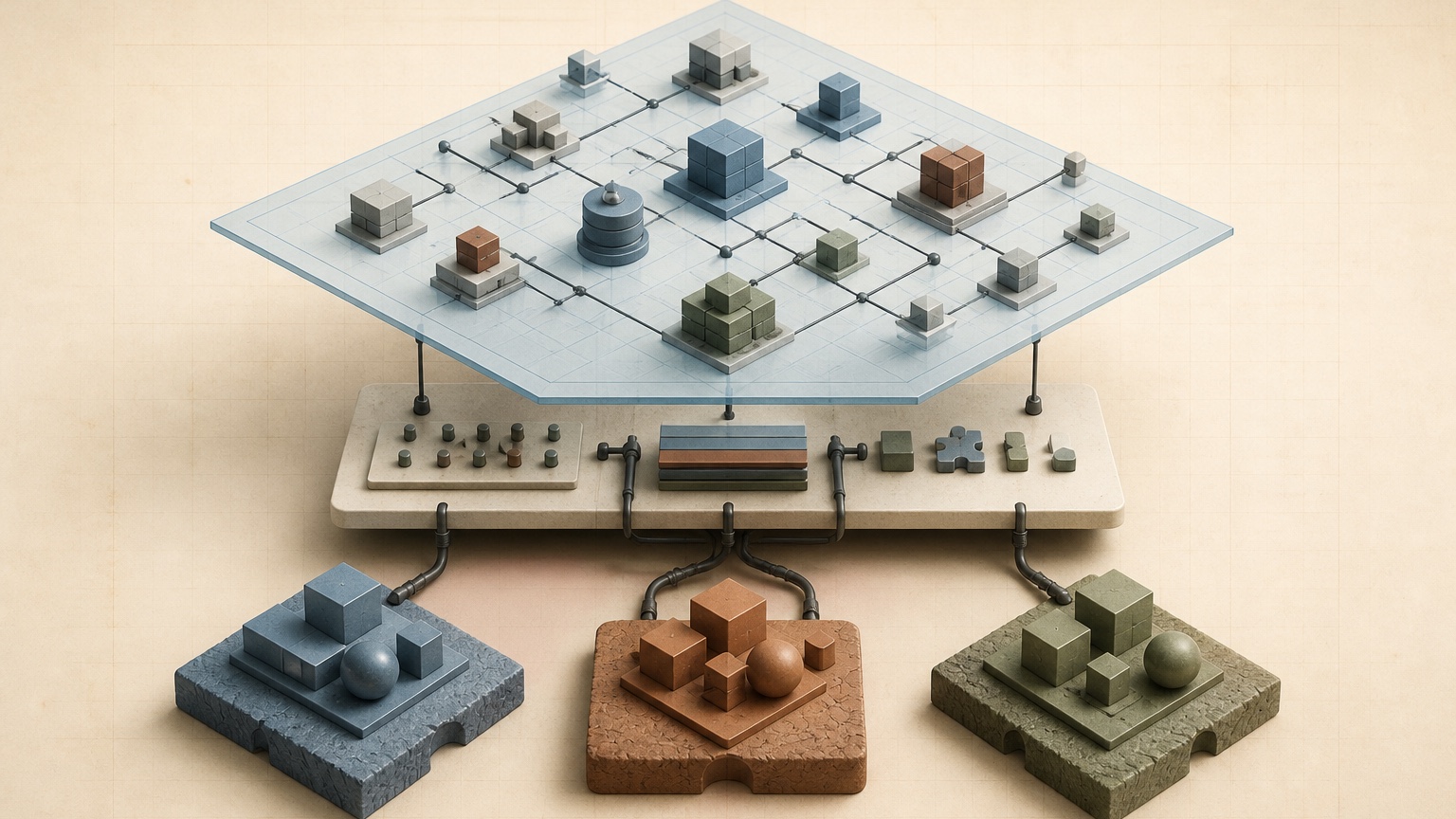 A floating infrastructure blueprint connected through a toolchain layer to three incompatible foundations.